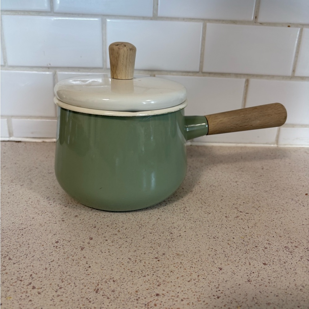 VTG Green Enamel Saucepan with Wooden Handle